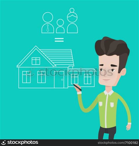 Young man drawing family house. Man drawing a house with a family. Man dreaming about future life in a new family house. Man thinking about family house. Vector flat design illustration. Square layout. Young man drawing his family house.