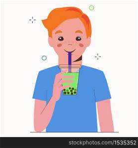 Young man drinks bubble milk tea or pearl milk tea. Taiwanese famous and popular drink with tapioca black pearls. Flat cartoon illustration isolated on white background.. Young man drinks bubble milk tea or pearl milk tea. Taiwanese famous and popular drink with tapioca black pearls. Flat cartoon illustration on white background.