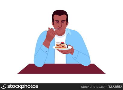 Young man eating cake semi flat RGB color vector illustration. High calorie snack, sweet food consumption. African american guy enjoying dessert isolated cartoon character on white background