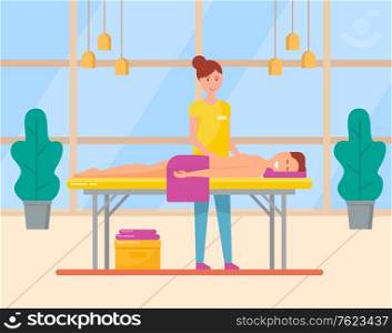 Young man enjoying relaxing back massage from professional masseuse in cosmetology spa centre. Male patient lying on table. Body care, treatment concept vector. Flat cartoon. Masseuse Doing Massage on Woman Back in Spa Salon