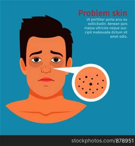 Young man face problem skin with black dots, vector illustration. Man face skin problem black dots