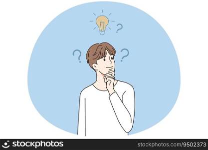 Young man feel confused brainstorm about innovative business idea. Curious male with lightbulb above head thinking about problem solution. Vector illustration.. Young man thinking of innovative idea