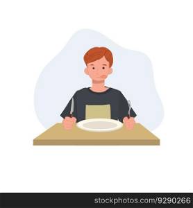 young man feel hungry and wait for food. Flat vector cartoon illustration