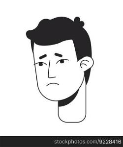 Young man feeling downhearted flat line monochromatic vector character head. Pessimistic mood. Editable outline avatar icon. 2D cartoon line spot illustration for web graphic design, animation. Young man feeling downhearted flat line monochromatic vector character head