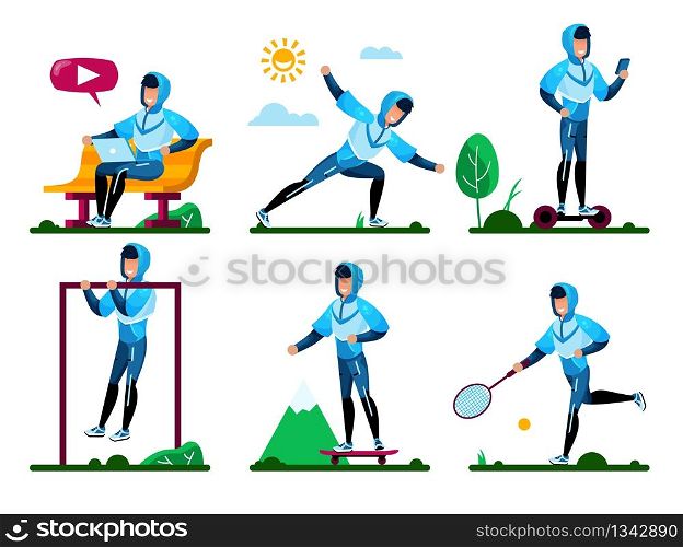 Young Man Fitness Summer Activities, Outdoor Training Trendy Flat Vector Concepts Set. Guy in Sportswear Doing Exercises in Park, Using Laptop Outdoor, Riding Skateboard and Hoverboard Illustrations