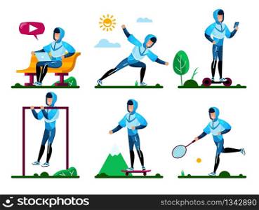 Young Man Fitness Summer Activities, Outdoor Training Trendy Flat Vector Concepts Set. Guy in Sportswear Doing Exercises in Park, Using Laptop Outdoor, Riding Skateboard and Hoverboard Illustrations