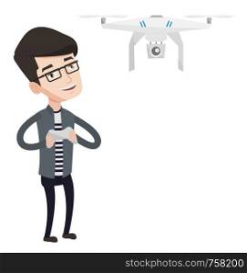 Young man flying drone with remote control. Caucasian happy man operating a drone with remote control. Cheerful man controling a drone. Vector flat design illustration isolated on white background.. Man flying drone vector illustration.