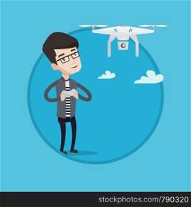 Young man flying drone with remote control. Caucasian man operating a drone with remote control. Cheerful man controling a drone. Vector flat design illustration in the circle isolated on background.. Man flying drone vector illustration.