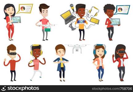 Young man flying drone with remote control. Man operating a drone with remote control. Man controling a drone with post package. Set of vector flat design illustrations isolated on white background.. Vector set of people using modern technologies.