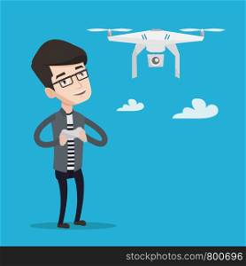 Young man flying drone with remote control. Man operating a drone with remote control. Man controling a drone. Vector flat design illustration. Square layout.. Man flying drone vector illustration.