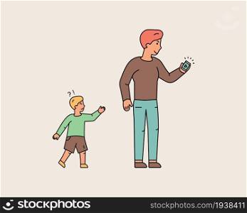 Young man forgot little boy while looking at the phone. Son trying to catch up with father. Child loss. Distracted man. Colorful Line Characters People. Flat design style minimal vector illustration.. Young man forgot little boy while looking at phone