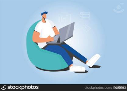 Young man freelancer sit on chair sofa work online on laptop gadget. Millennial male worker or businessman use computer internet connection. Freelance, technology concept. Vector illustration. . Man work online on computer at home office