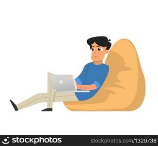 Young Man Freelancer with Laptop sitting in Frameless Armchair Working. Programmer and Designer, Gamer and Blogger Concept. Isolated on white background Cartoon Vector Illustration Character. Young Man Freelancer Working with Laptop sitting in Armchair