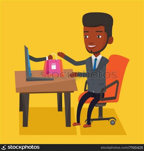 Young man getting shopping bags from laptop. Man making online order in virtual shop. Cheerful african-american man using laptop for online shopping. Vector flat design illustration. Square layout.. Man shopping online vector illustration.