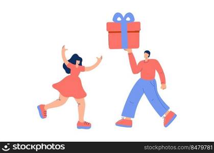 Young man giving a gift to his girlfriend or friend. Couple in love. Concept for Birthday, Valentines Day or Holidays. Flat vector illustration on white background.. Young man giving a gift to his girlfriend or friend. Couple in love. Concept for Birthday, Valentines Day or Holidays. Flat vector illustration on white background