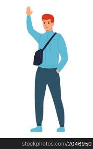 Young man greeting with raised hand. Guy standing with neck pouch bag. Vector illustration. Young man greeting with raised hand. Guy standing with neck pouch bag