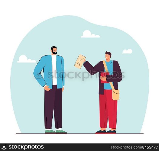 Young man handing letter to man flat vector illustration. Student or promoter with bag handing envelope to teacher or stranger. Bribe, correspondence, advertising, report, message, information concept