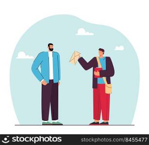 Young man handing letter to man flat vector illustration. Student or promoter with bag handing envelope to teacher or stranger. Bribe, correspondence, advertising, report, message, information concept
