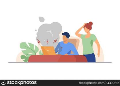 Young man having broken computer and woman shocked. Fume, defect. Flat vector illustration. Broken things concept can be used for presentations, banner, website design, landing web page