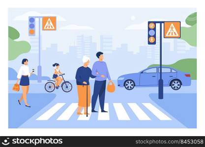 Young man helping old woman crossing road flat vector illustration. Cartoon elderly walking town crosswalk with help of guy. Urban lifestyle and cityscape concept
