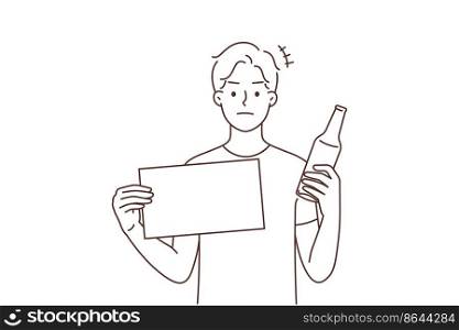 Young man hold bottle and warning sign protest against alcohol consumption. Decisive guy stand against alcoholic addiction and bad habit. Vector illustration. . Man with bottle protest against alcohol 