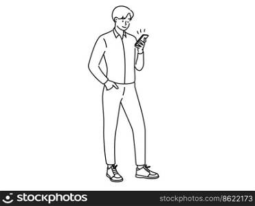 Young man hold cellphone text or message online on gadget. Smiling guy using modern smartphone. Technology and communication. Vector illustration. . Man using cellphone texting online 