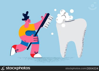 Young man hold toothbrush clean teeth care of dental hygiene. Boy brush cleanse tooth do morning routine. Oral care, dental treatment concept. Hygienic procedures. Dentistry. Vector illustration. . Guy brush teeth with toothbrush for fresh breath