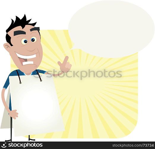 Young Man Holding A Sandwich Board. Illustration of a cartoon white young man wearing a white sandwich board with a speech bubble to put some message in