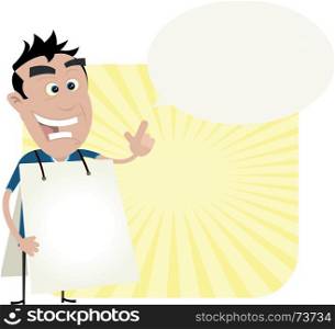 Young Man Holding A Sandwich Board. Illustration of a cartoon white young man wearing a white sandwich board with a speech bubble to put some message in
