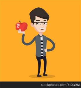 Young man holding an apple in hand. Cheerful man eating an apple. Smiling caucasian man enjoying fresh healthy red apple. Concept of healthy nutrition. Vector flat design illustration. Square layout.. Young man holding apple vector illustration.