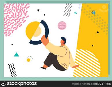 Young man holding and organizing abstract circular geometric shape virtual flat vector illustration. Person sitting with round object in hands on white background. Business building visionary concept. Young man holding and organizing abstract circular geometric shape virtual vector illustration