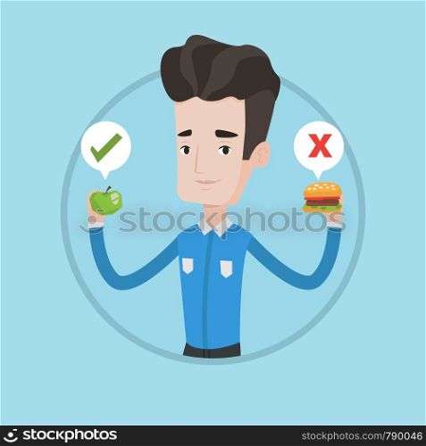 Young man holding apple and hamburger in hands. Man choosing between apple and hamburger. Healthy and unhealthy nutrition concept. Vector flat design illustration in the circle isolated on background.. Man choosing between hamburger and cupcake.