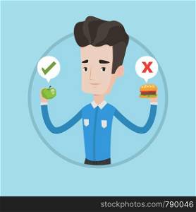 Young man holding apple and hamburger in hands. Man choosing between apple and hamburger. Healthy and unhealthy nutrition concept. Vector flat design illustration in the circle isolated on background.. Man choosing between hamburger and cupcake.