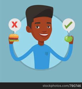 Young man holding apple and hamburger. Man choosing between apple and hamburger. Man choosing between healthy and unhealthy nutrition. Vector flat design illustration in circle isolated on background.. Man choosing between hamburger and cupcake.