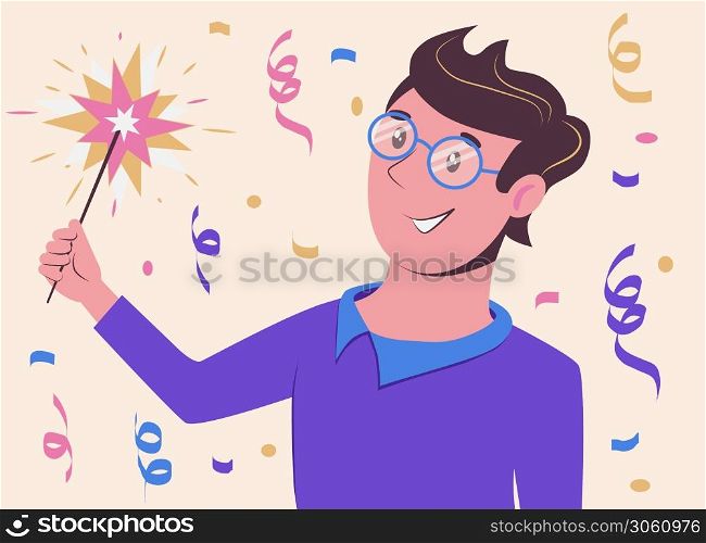 Young man holding burning sparklers. Friends celebrate on party. Vector illustration in flat cartoon style.. Young man holding burning sparklers. Friends celebrate on party. Vector illustration in flat style.