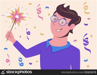 Young man holding burning sparklers. Friends celebrate on party. Vector illustration in flat cartoon style.. Young man holding burning sparklers. Friends celebrate on party. Vector illustration in flat style.