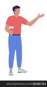 Young man holding drink and talking semi flat color vector character. Editable figure. Full body person on white. Gathering simple cartoon style illustration for web graphic design and animation. Young man holding drink and talking semi flat color vector character