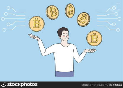 Young man holding golden bitcoins, working online on stock market. Smiling male mine coins, buy and sell cryptocurrency on growing market. Crypto investment, finance. Flat vector illustration. . Man buy and sell cryptocurrency on market