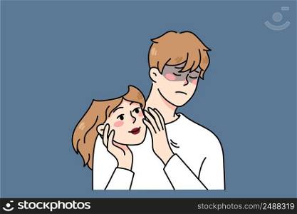 Young man holding woman mask suffer from gender determination problem. Transgender male person think of change to female. Non-binary and queer concept. Vector illustration. . Transgender man holding woman mask