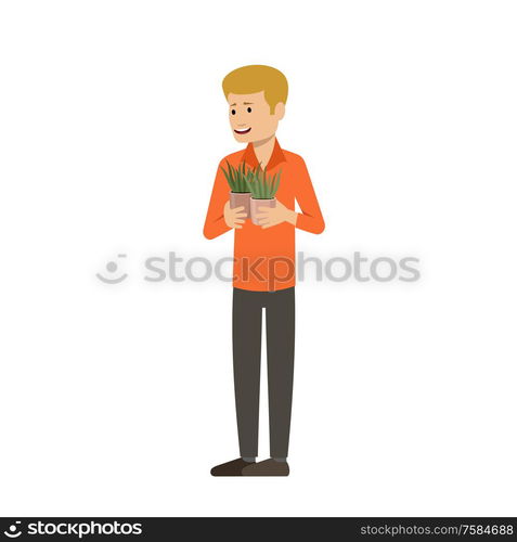 Young man holds a domestic plant. Vector illustration