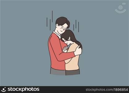 Young man hug caress support unhappy woman girlfriend show love and care. Supportive male embrace comfort sad girl feeling distressed depressed. Couple relationship goal. Flat vector illustration.. Man hug comfort unhappy young woman
