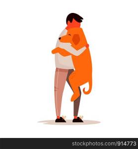 Young man hugging his dog. Pet love concept. Flat vector colorful illustration. Young man hugging his dog. Pet love concept