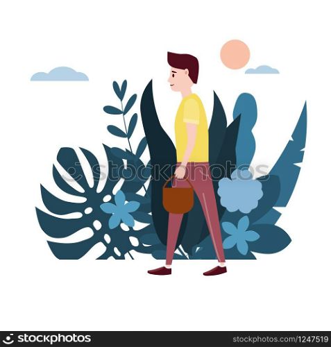 Young man in a yellow T-shirt, the guy goes with a basket on his business, making purchases. Background flora flowers floral leaves.. Young man in a yellow T-shirt, the guy goes with a basket on his business, making purchases. Background flora flowers floral leaves. Trend design flat cartoons. Colorful vector illustration isolated