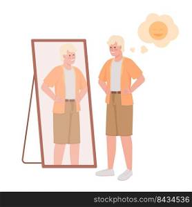 Young man in casual clothes near mirror semi flat color vector character. Editable figure. Full body person on white. Simple cartoon style illustration for web graphic design and animation. Young man in casual clothes near mirror semi flat color vector character