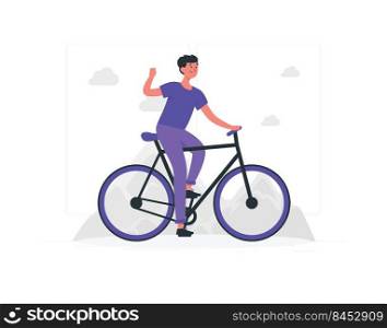 Young man in casual clothes riding bicycle