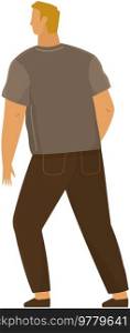 Young man in casual clothing standing looking back. Male character looks at something behind him. Back view of guy, vector illustration isolated on white background. Person wearing pants and t-shirt. Young man in casual clothing standing looking back. Male character looks at something behind him