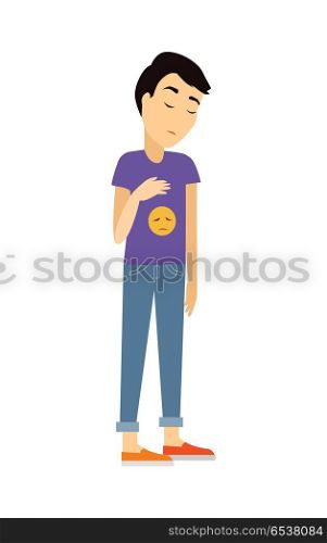 Young Man in Depression Flat Vector Illustration. Young man in depression. Dispirited man character with sad smile on t-shirt flat vector illustration isolated on white background. Psychological problems. Human fillings and emotions concept. Young Man in Depression Flat Vector Illustration