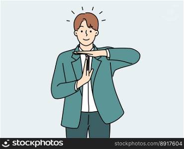 Young man in formal wear showing stop hand gesture. Male employee demonstrate rejection or refusal. Concept of ban and prohibition. Vector illustration. . Smiling man show stop hand gesture 