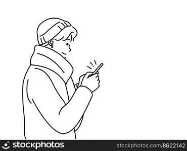 Young man in headphones use cellphone waiting for metro. Guy with smartphone in subway. Public transportation. Vector illustration. . Young man with cellphone waiting for metro 