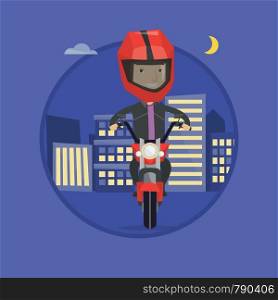 Young man in helmet riding a motorbike on the background of night city. Caucasian man driving a motorbike on a city road at night. Vector flat design illustration in the circle isolated on background.. Man riding motorbike at night vector illustration